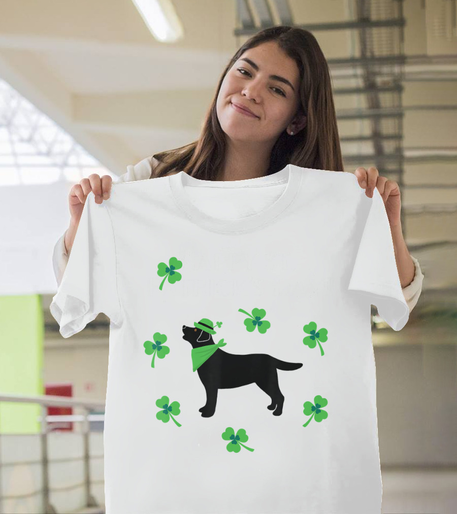 Happy St. Patrick's Day Black Labrador Retriever with Shamrocks and Green Hat T-Shirt