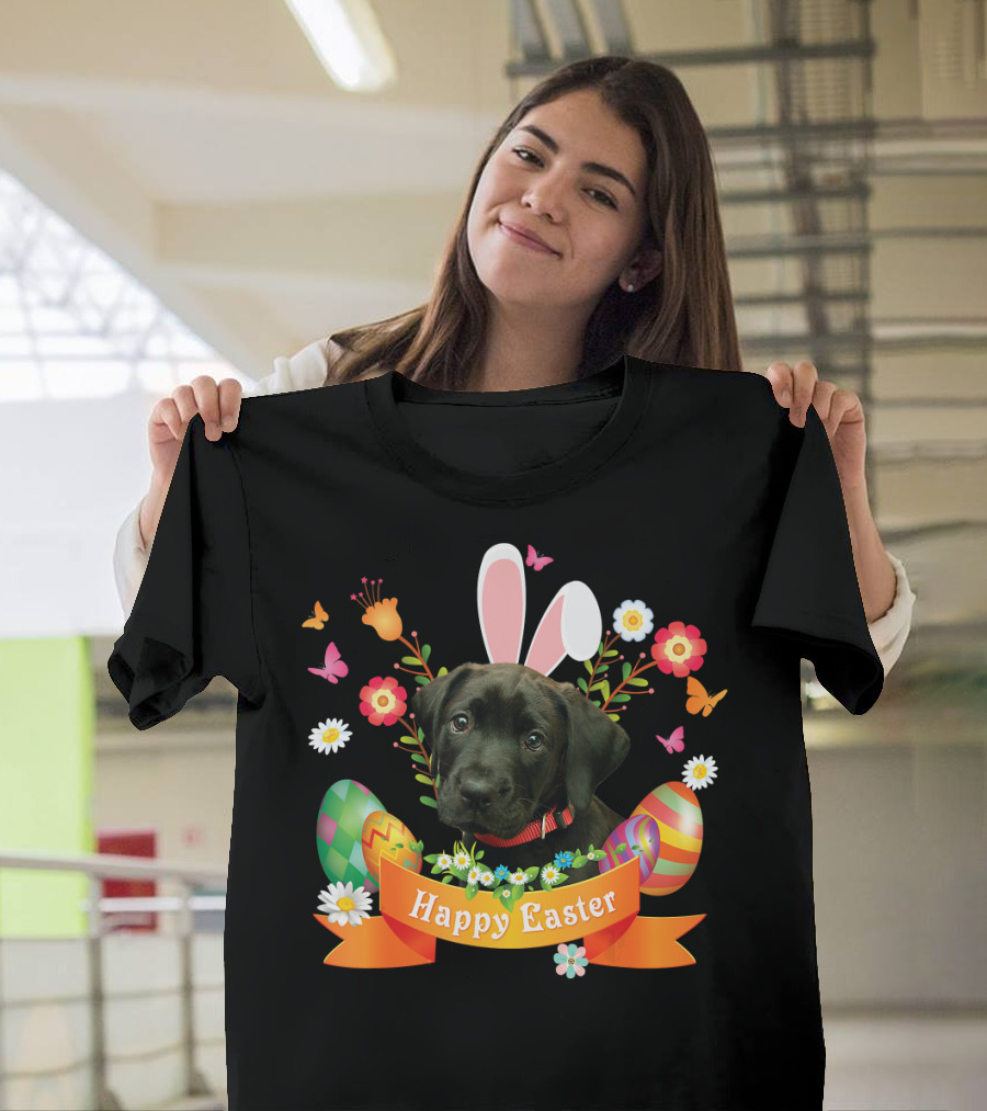 Happy Easter Bunny Black Labrador Dog with Eggs and Flowers T-Shirt
