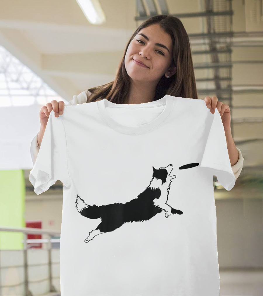 Dog Fetch Frisbee Border Collie Silhouette Playful Leap T-Shirt