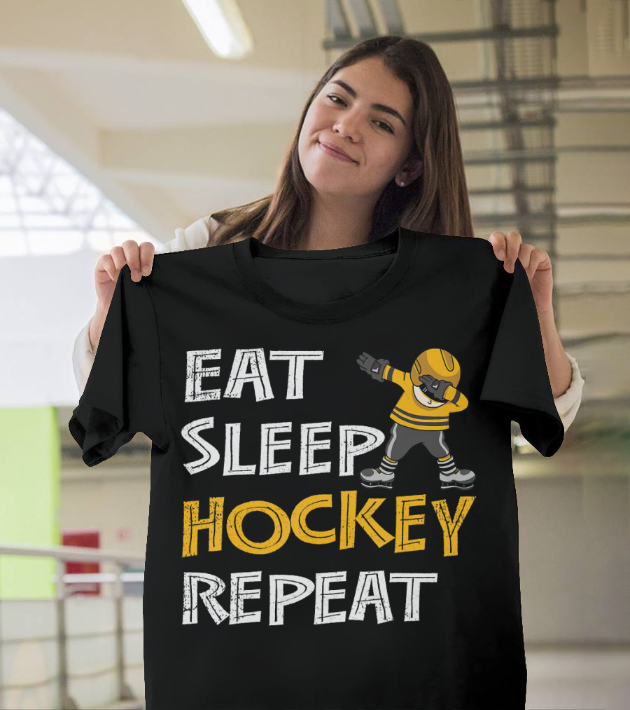 Eat Sleep Hockey Repeat Dabbing Player in Yellow Jersey T-Shirt