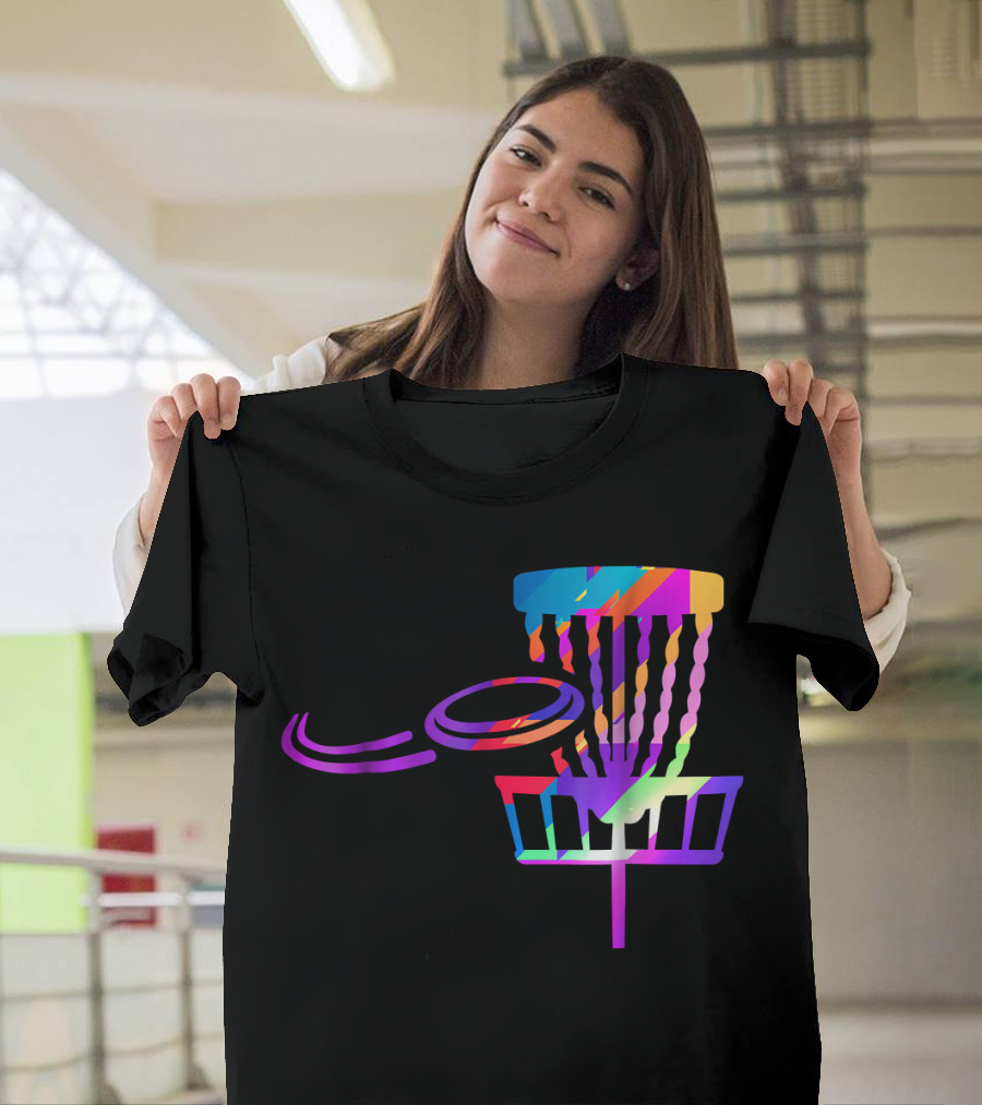 EDM Rave Disc Golf Basket and Frisbee Psychedelic Colors T-Shirt