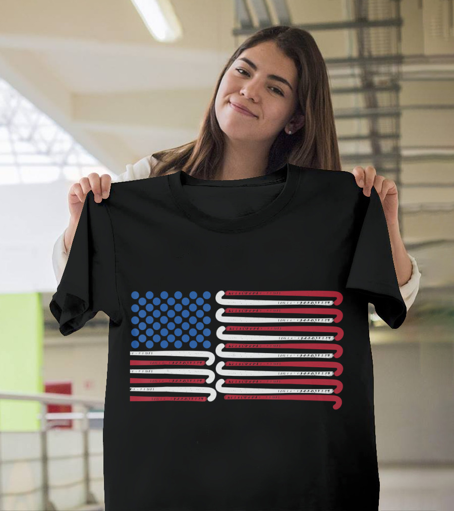 Field Hockey Sticks American Flag with Blue Circles T-Shirt