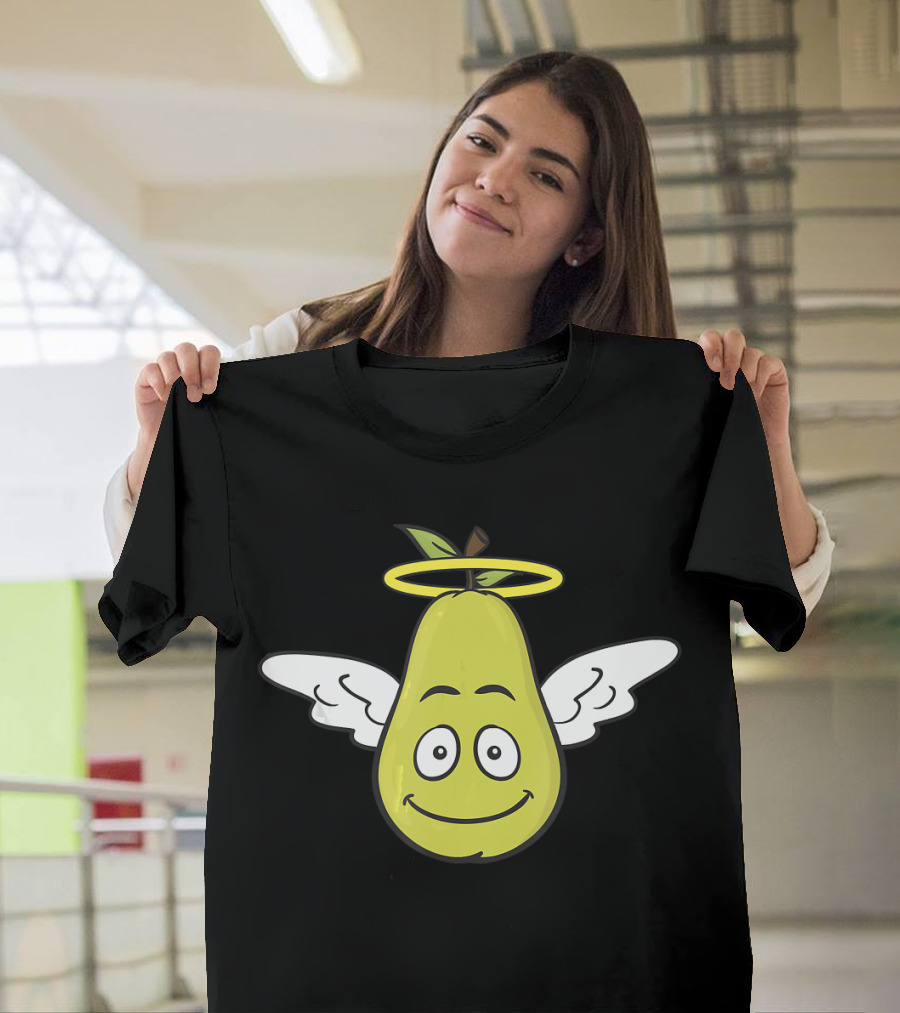 Flying Pear Smiling Face Angel with Halo and Wings T-Shirt