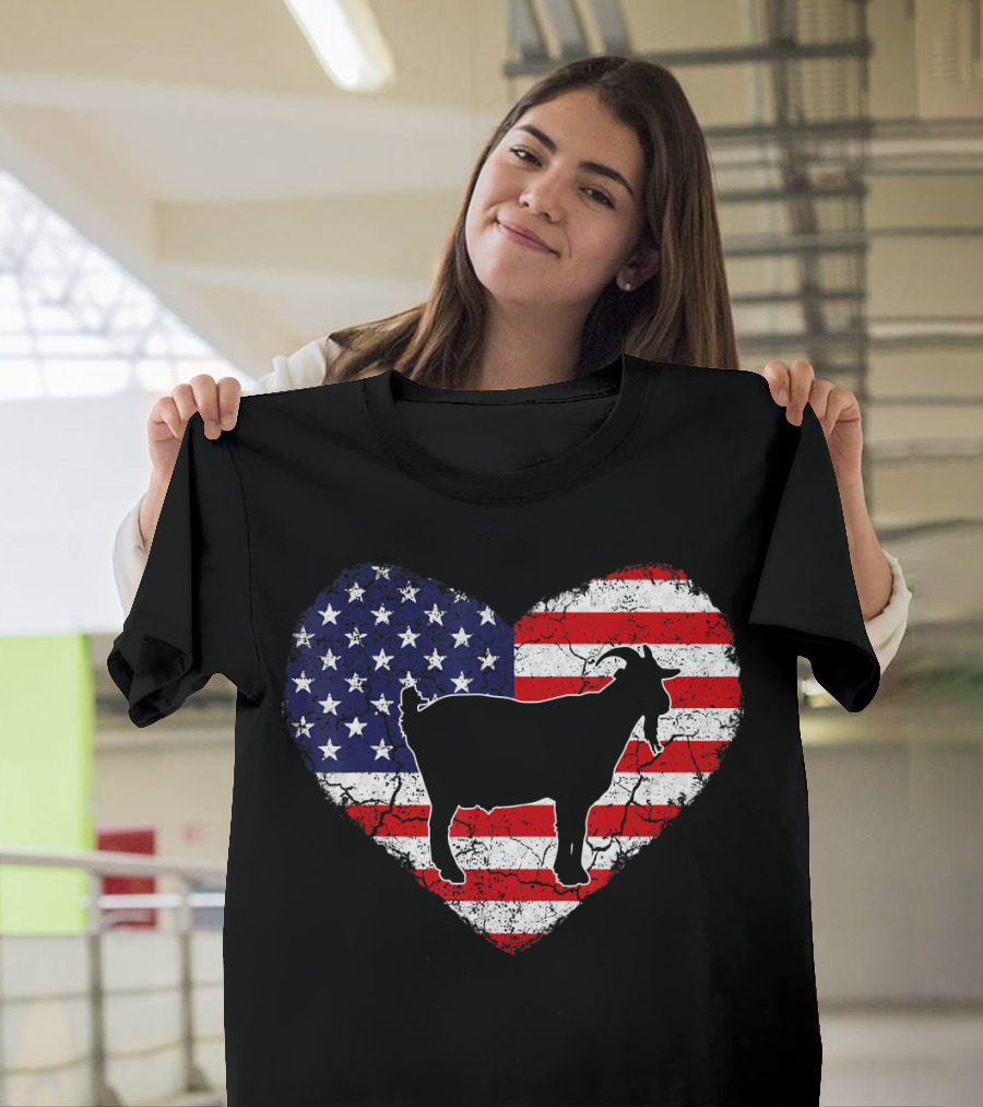 Goat Silhouette Over Vintage American Flag Heart T-Shirt