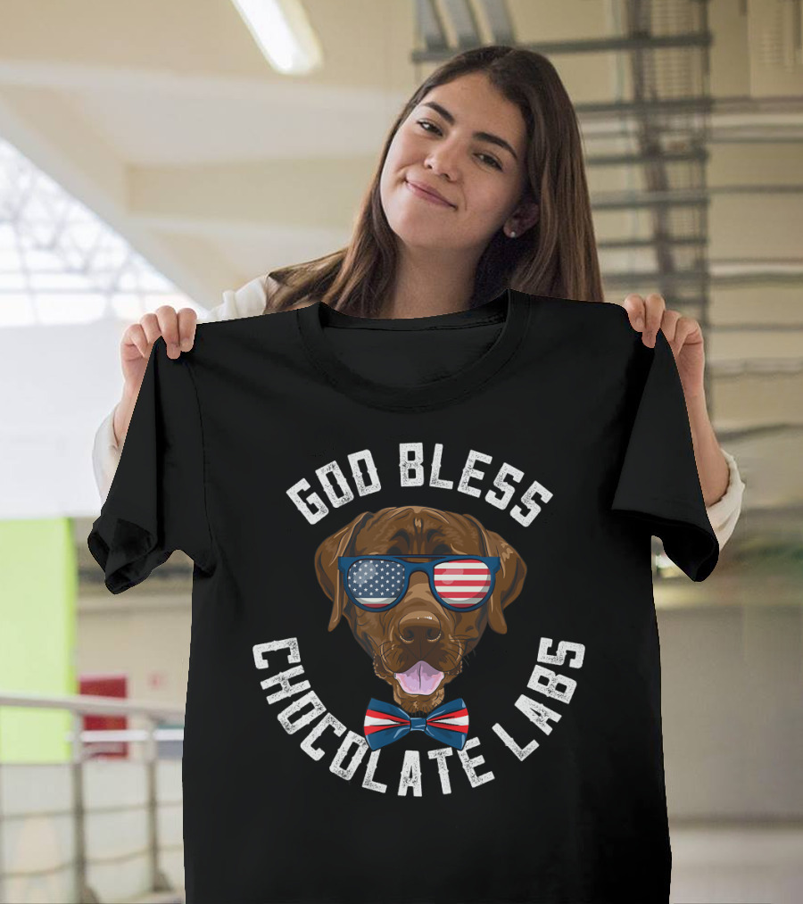 God Bless Chocolate Labs Patriotic Sunglasses and Bow Tie Dog T-Shirt