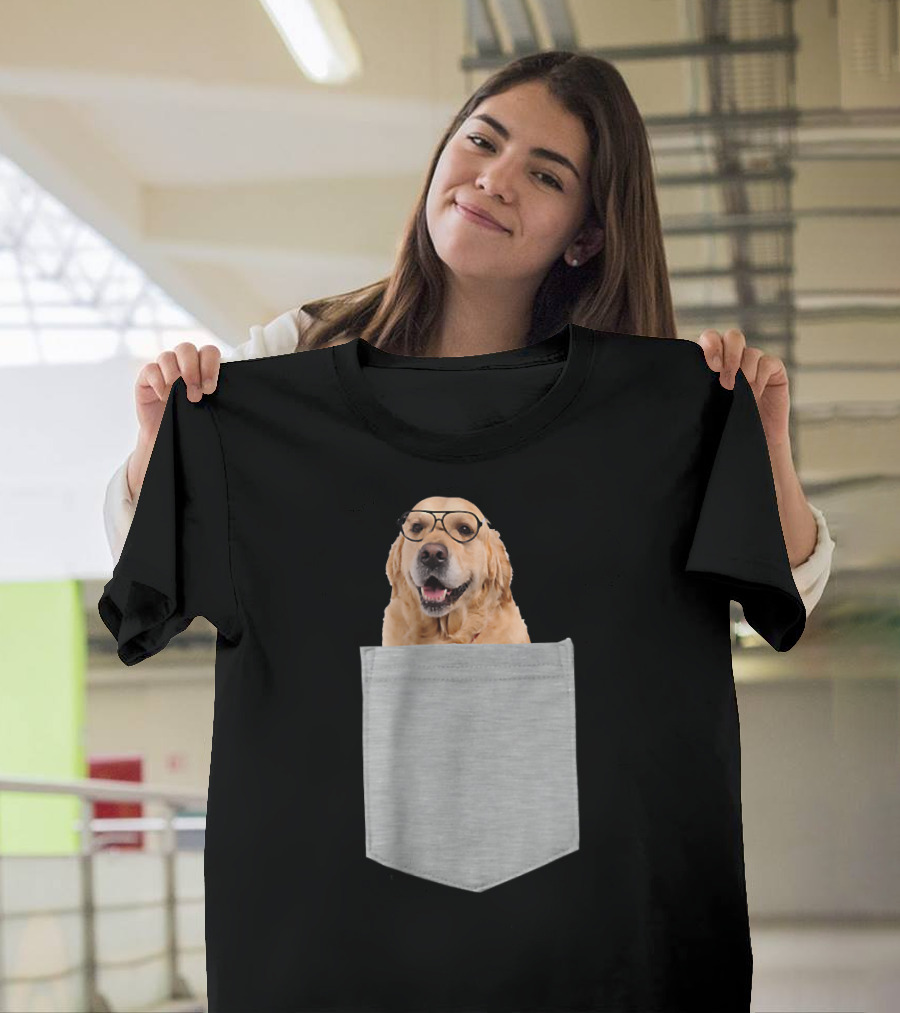 Golden Labrador Retriever Dog with Glasses in Pocket T-Shirt