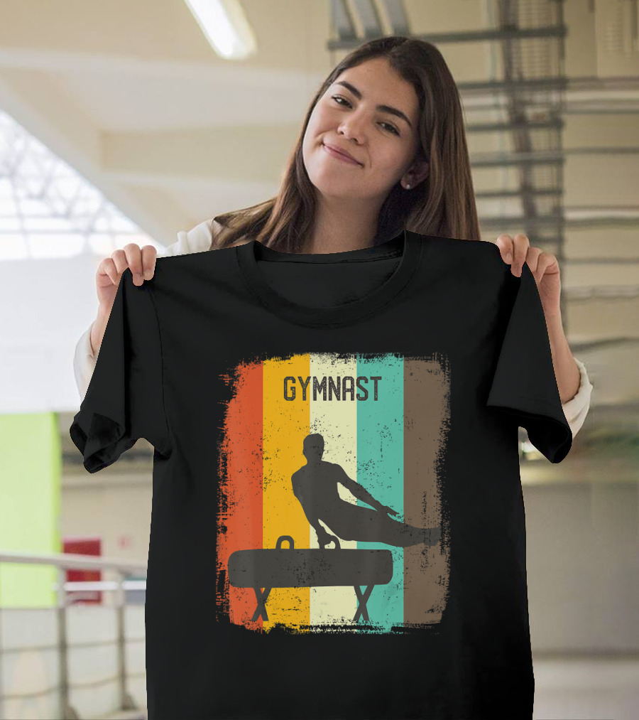 Gymnastics Retro 70s Vintage Pommel Silhouette Stripes T-Shirt