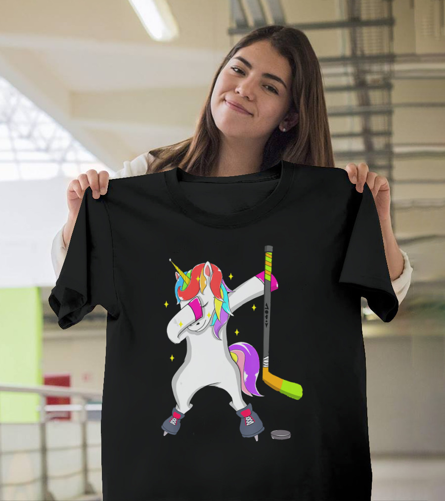 Hockey Player Dabbing Unicorn Rainbow Hockey Stick Skates T-Shirt