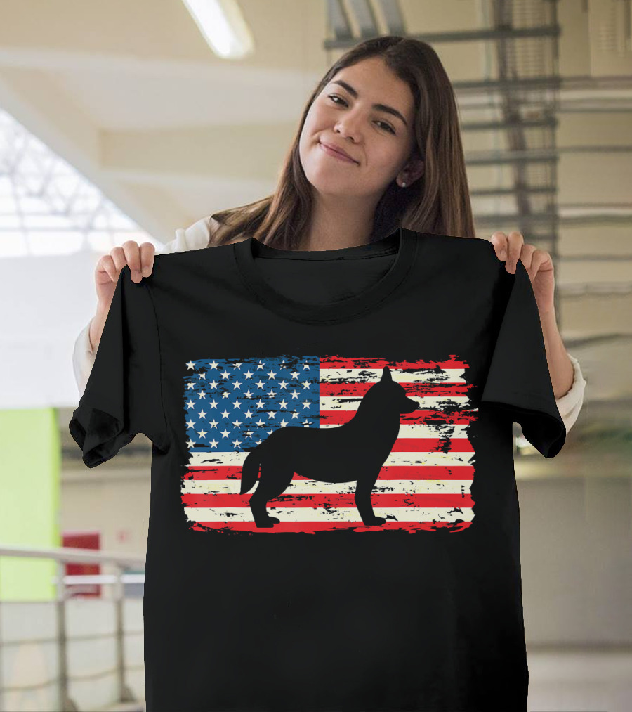 Husky Silhouette American Flag Patriotic 4th Of July Dog T-Shirt
