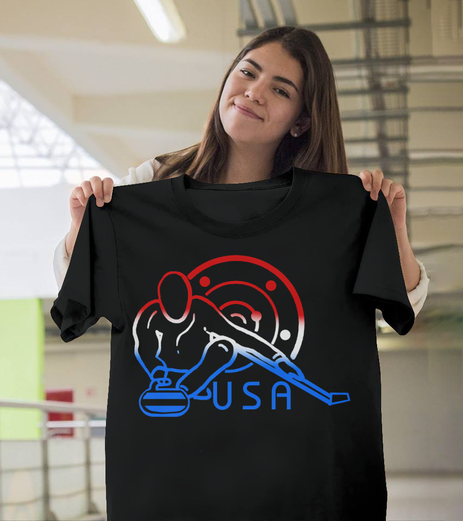 USA Curling Stone Player with Target in Red White and Blue T-Shirt