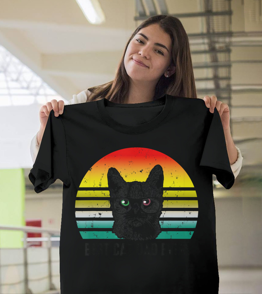Vintage Best Cat Dad Ever Cat With Glasses Retro Stripes T-Shirt