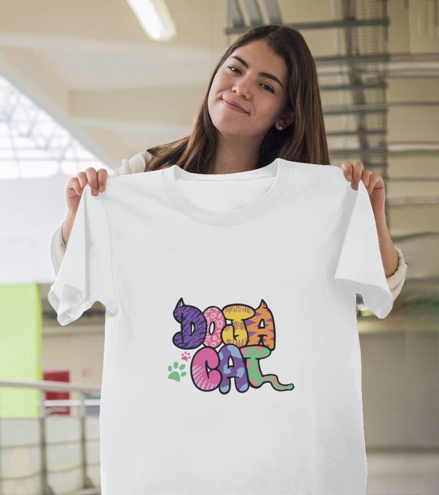 Doja Cat Colorful Patterned Text With Cat Ears And Paw Prints T-Shirt