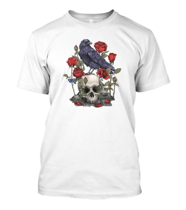 Memento Mori Skull With Raven And Roses T-Shirt