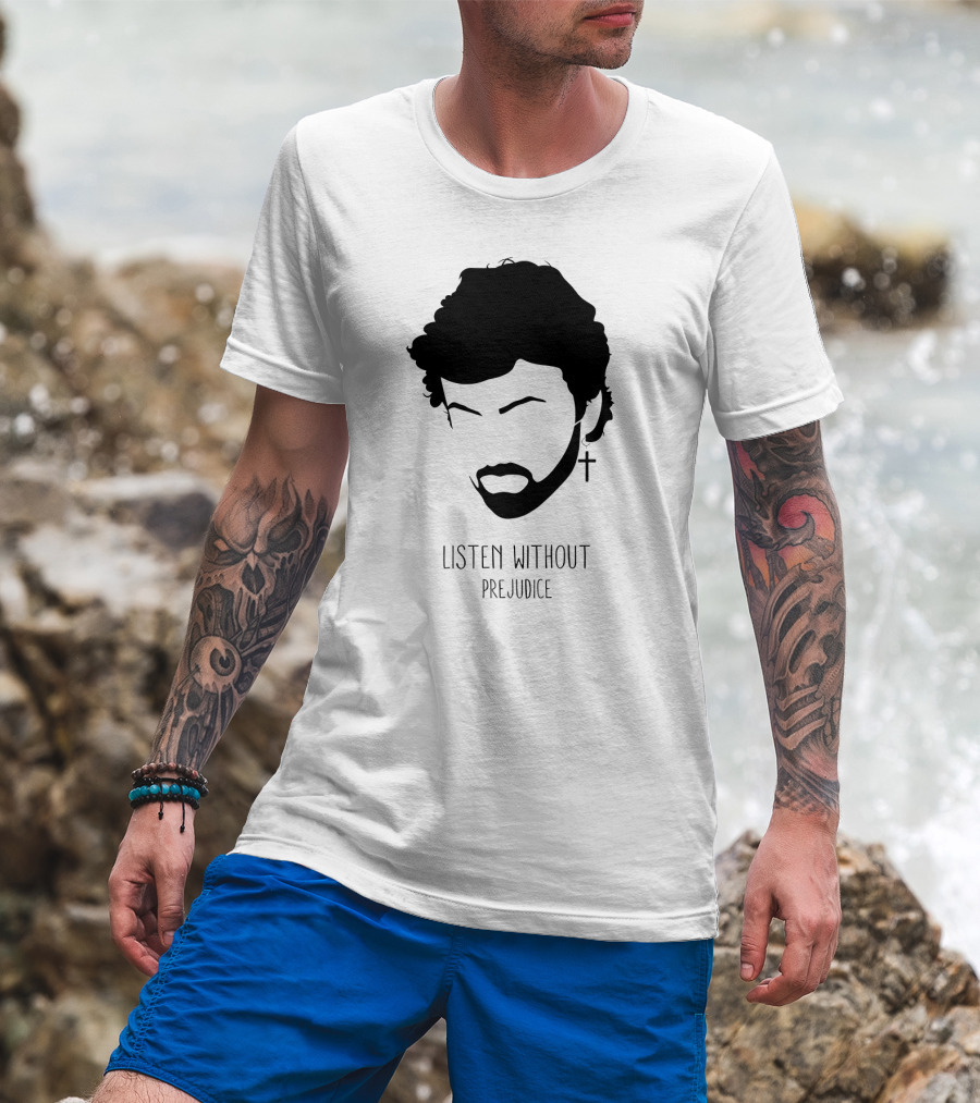 Listen Without Prejudice Graphic With Cross Earring T-Shirt