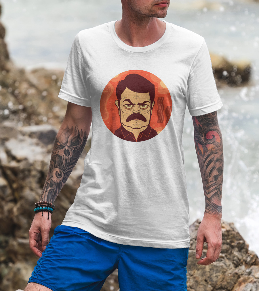 Ron Swanson Bacon And Steak Mustache Orange Circle T-Shirt