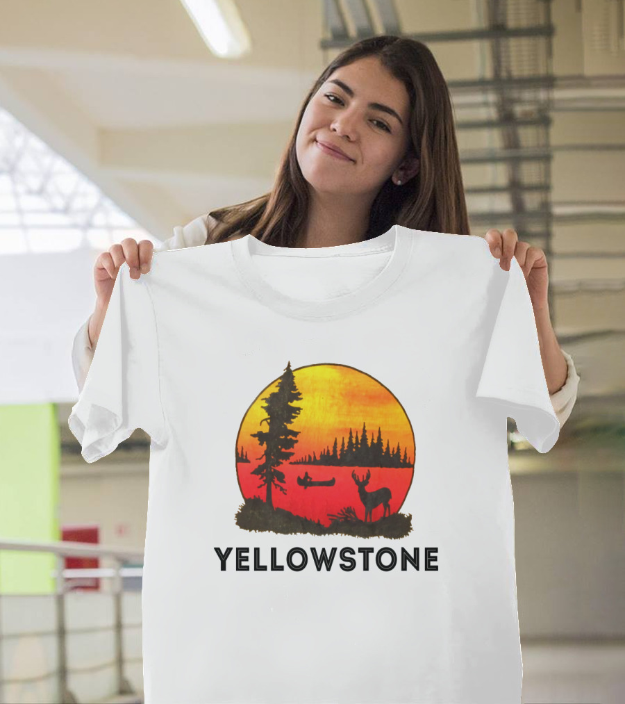 Yellowstone Sunset Scene With Canoe And Deer T-Shirt