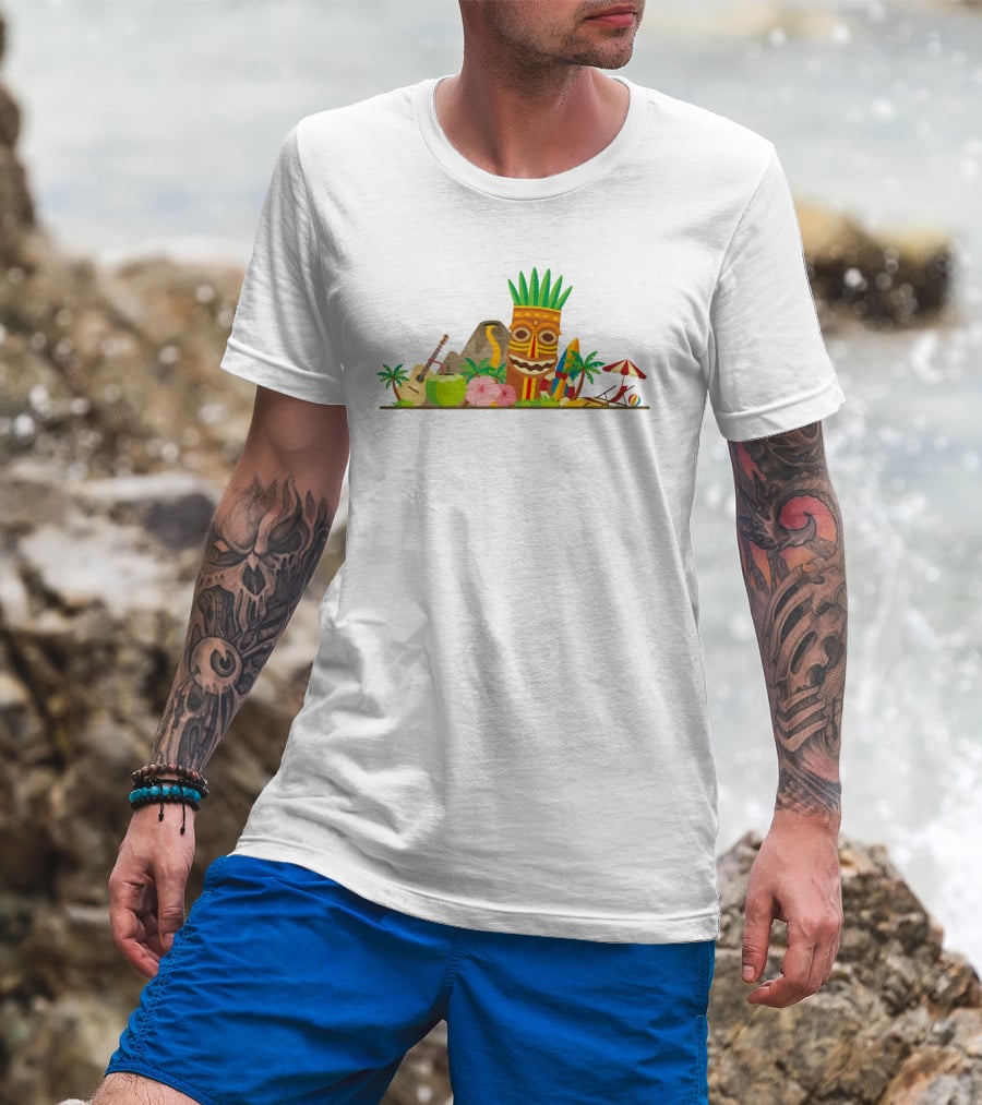 Hawaiian Tiki Mask Surfboards And Ukulele Tropics T-Shirt