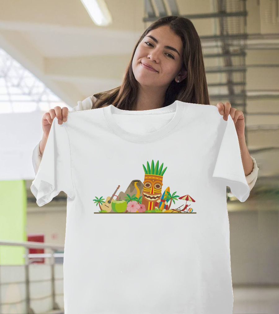 Hawaiian Tiki Mask Surfboards and Ukulele Tropics T-Shirt