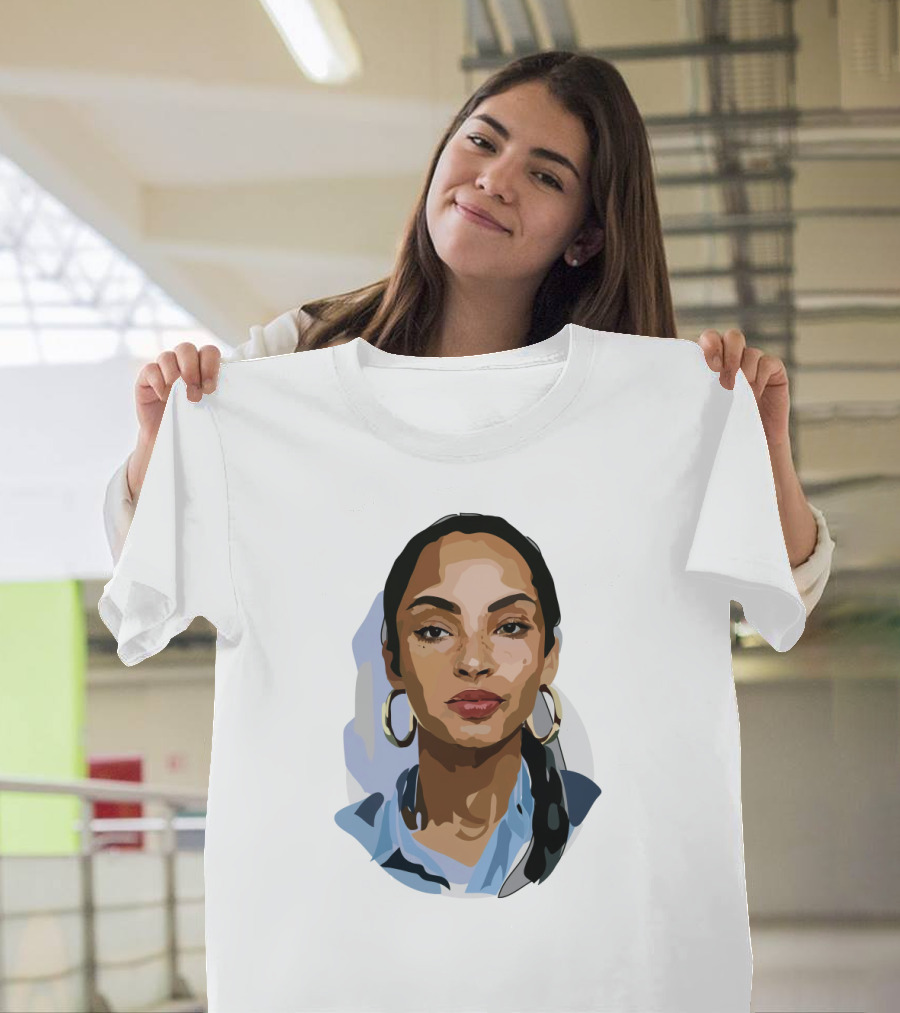 Sade Adu Portrait With Blue Shirt And Hoop Earrings T-Shirt
