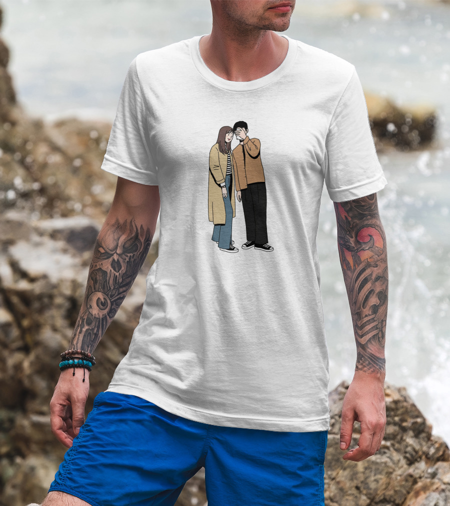 Couple In Casual Streetwear With Oversized Coat And Sneakers T-Shirt