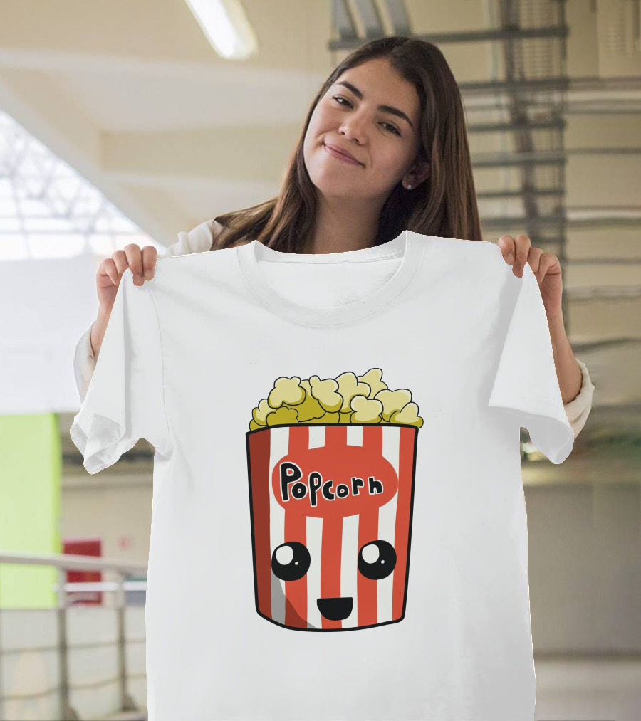 Popcorn Box Cute Kawaii Face Red White Stripes T-Shirt