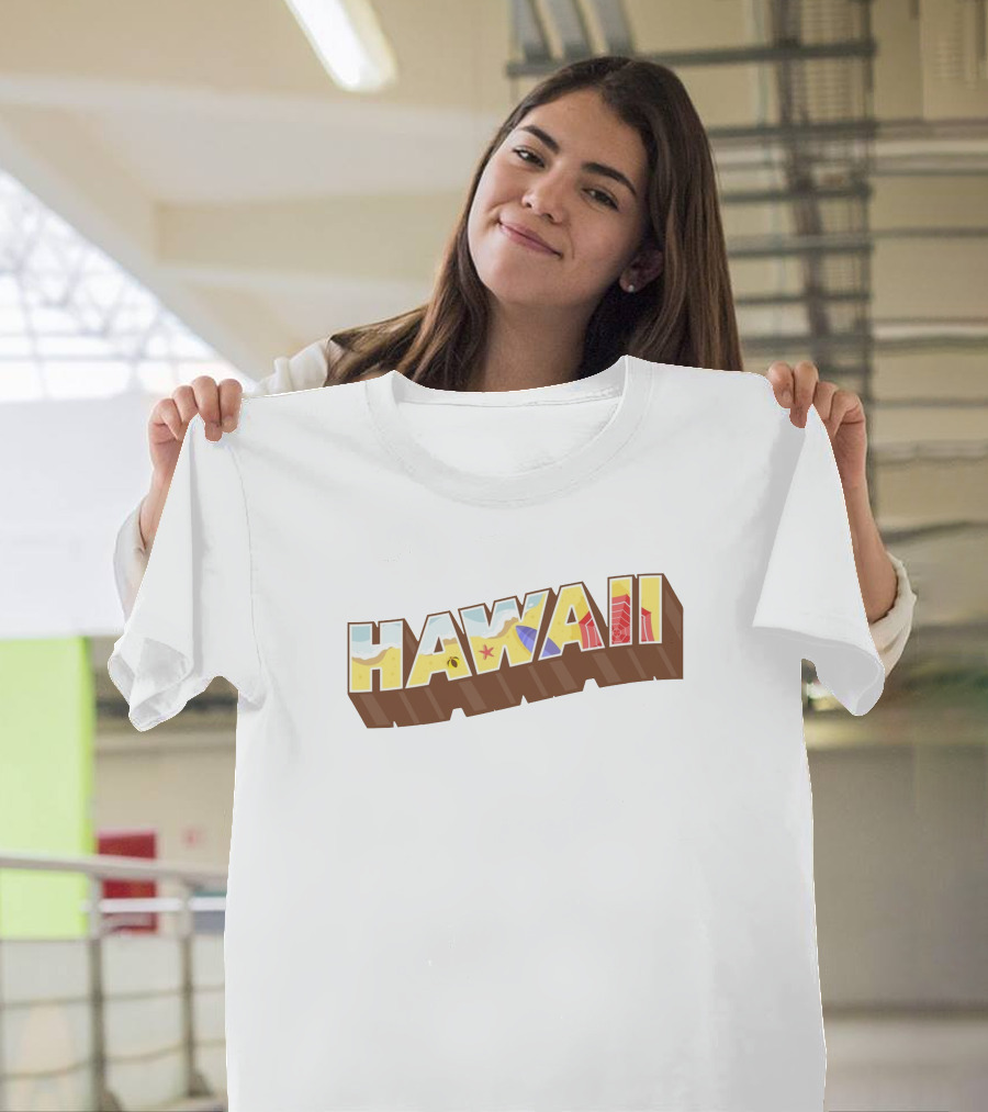 Hawaii Tropical Beach Icons With Surfer And Hibiscus T-Shirt