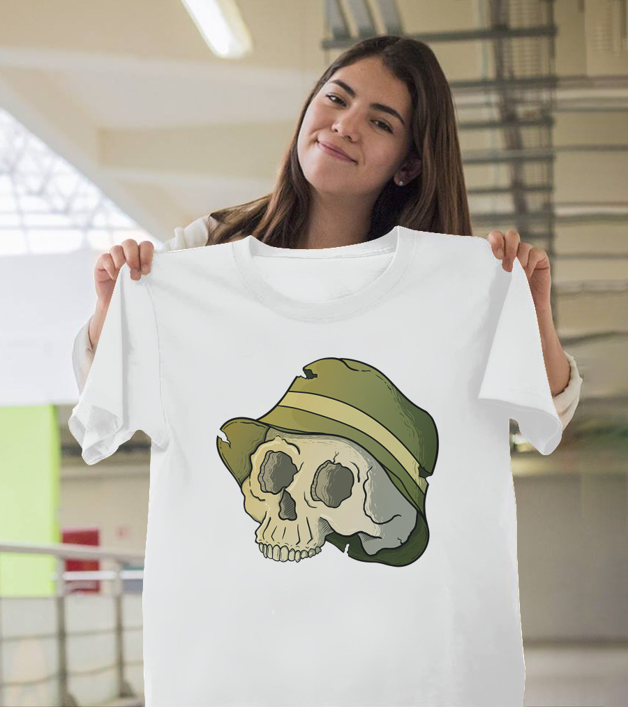 Skull Wearing a Green Bucket Hat T-Shirt