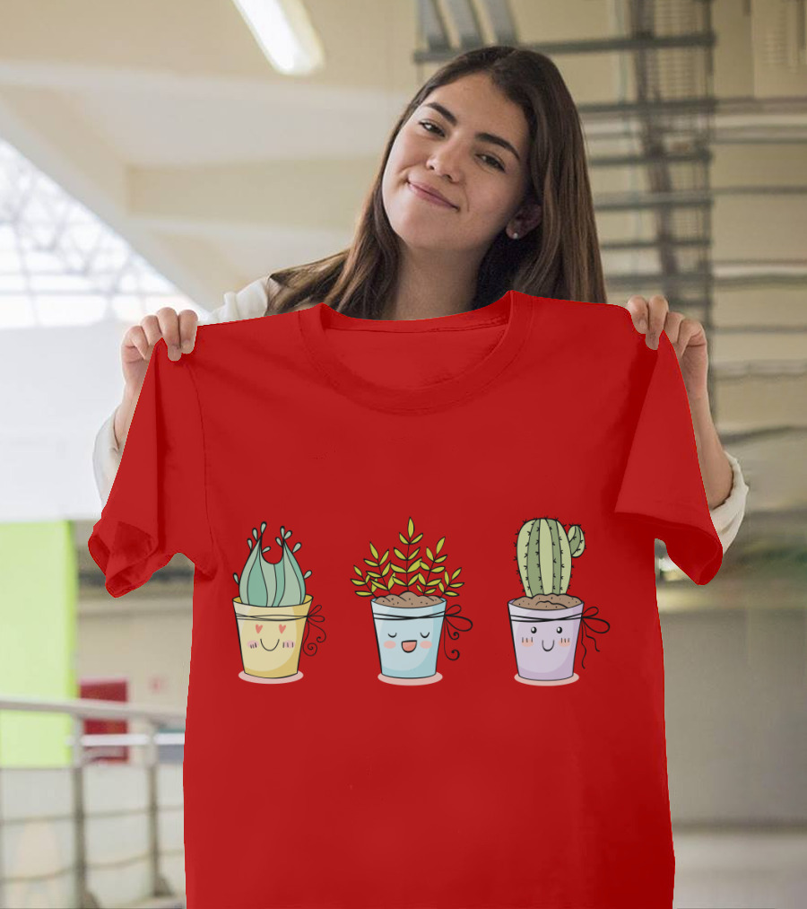Cute Plants Happy Succulents Cactus Kawaii Pots T-Shirt