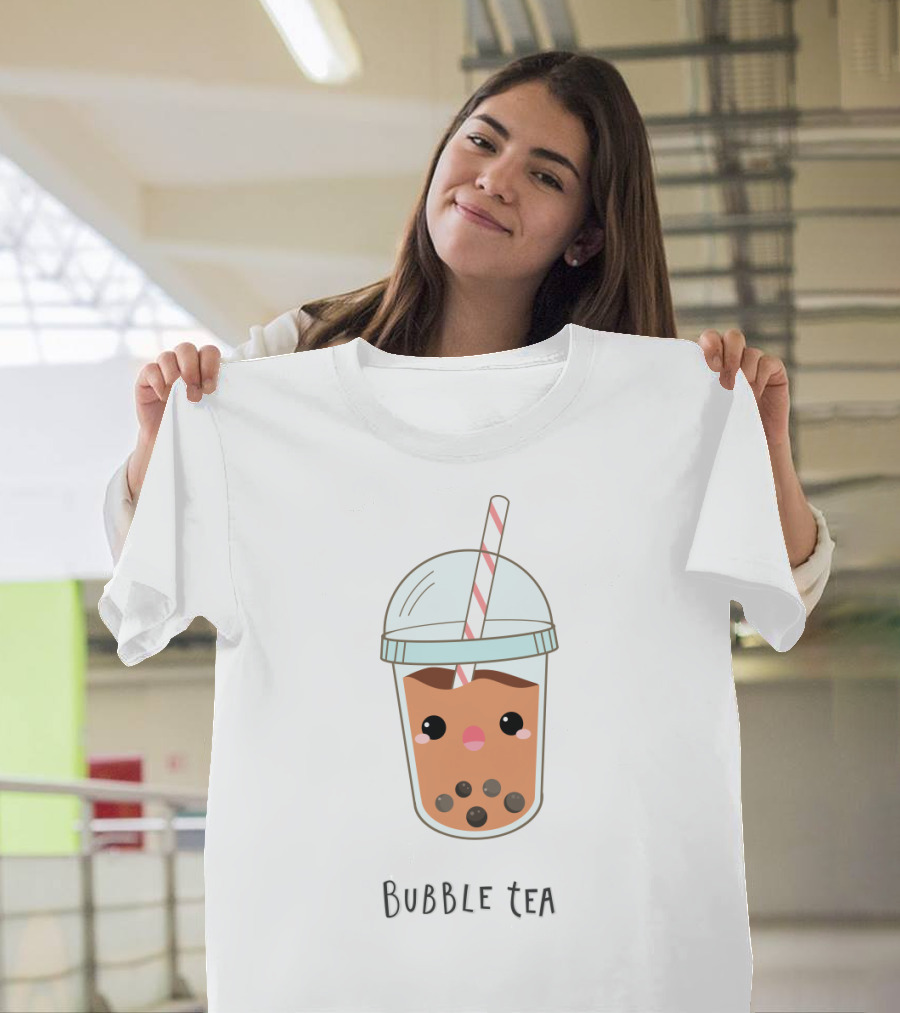 Bubble Tea Cute Kawaii Face with Straw and Pearls T-Shirt