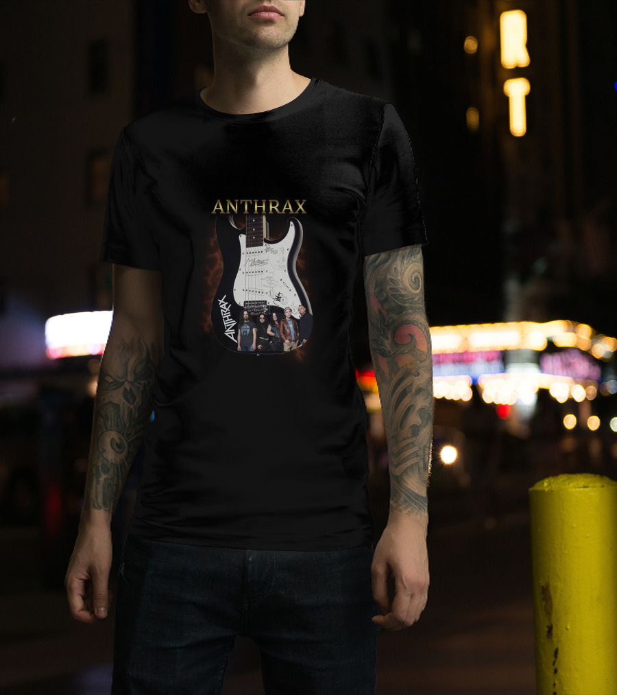 ANTHRAX Band Members Signatures On Electric Guitar T-Shirt