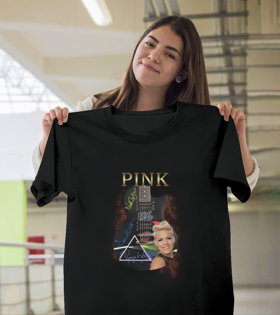 PINK Dark Side Guitar With Autographs T-Shirt