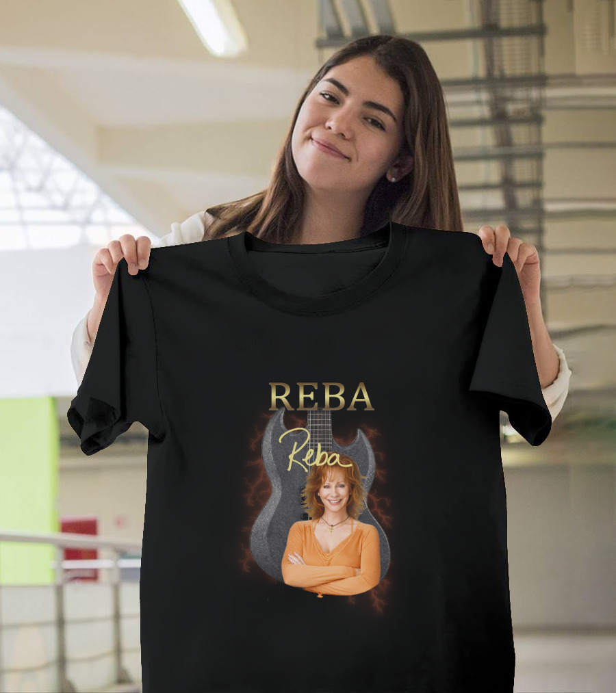 REBA Signature Guitar with Portrait on Black Electric Background T-Shirt