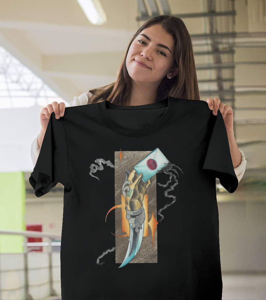 Hand of Fate Enchanted Dagger Holding Sealed Letter with Mystical Smoke T-Shirt