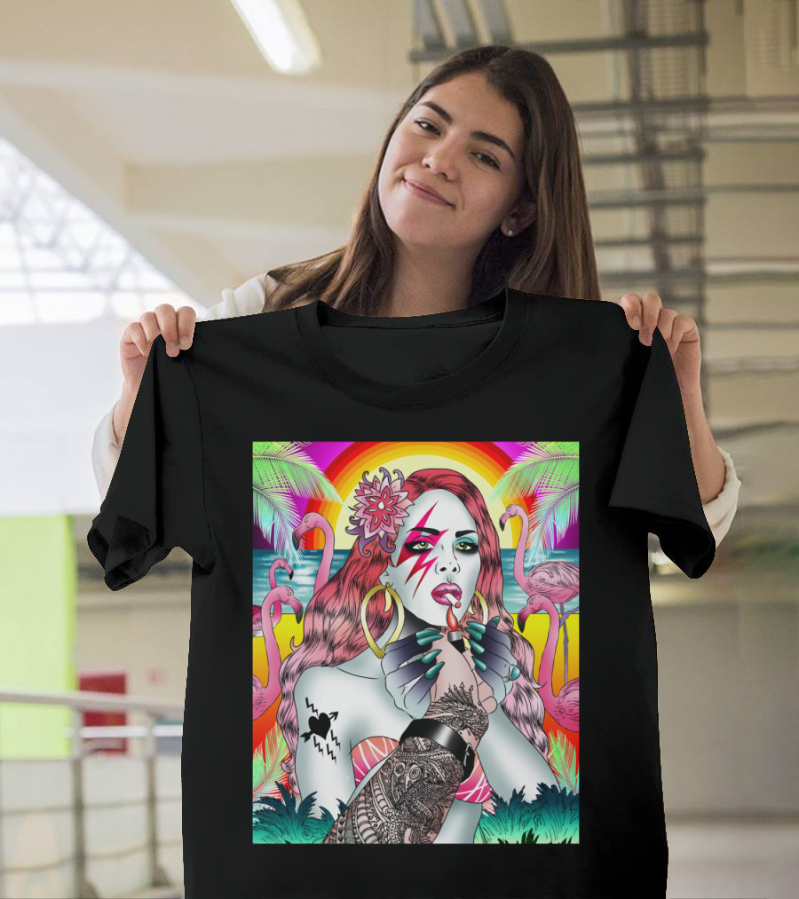 BowieLana Tropical Flamingo Makeup Zigzag Tattoo Rainbow Surreal T-Shirt