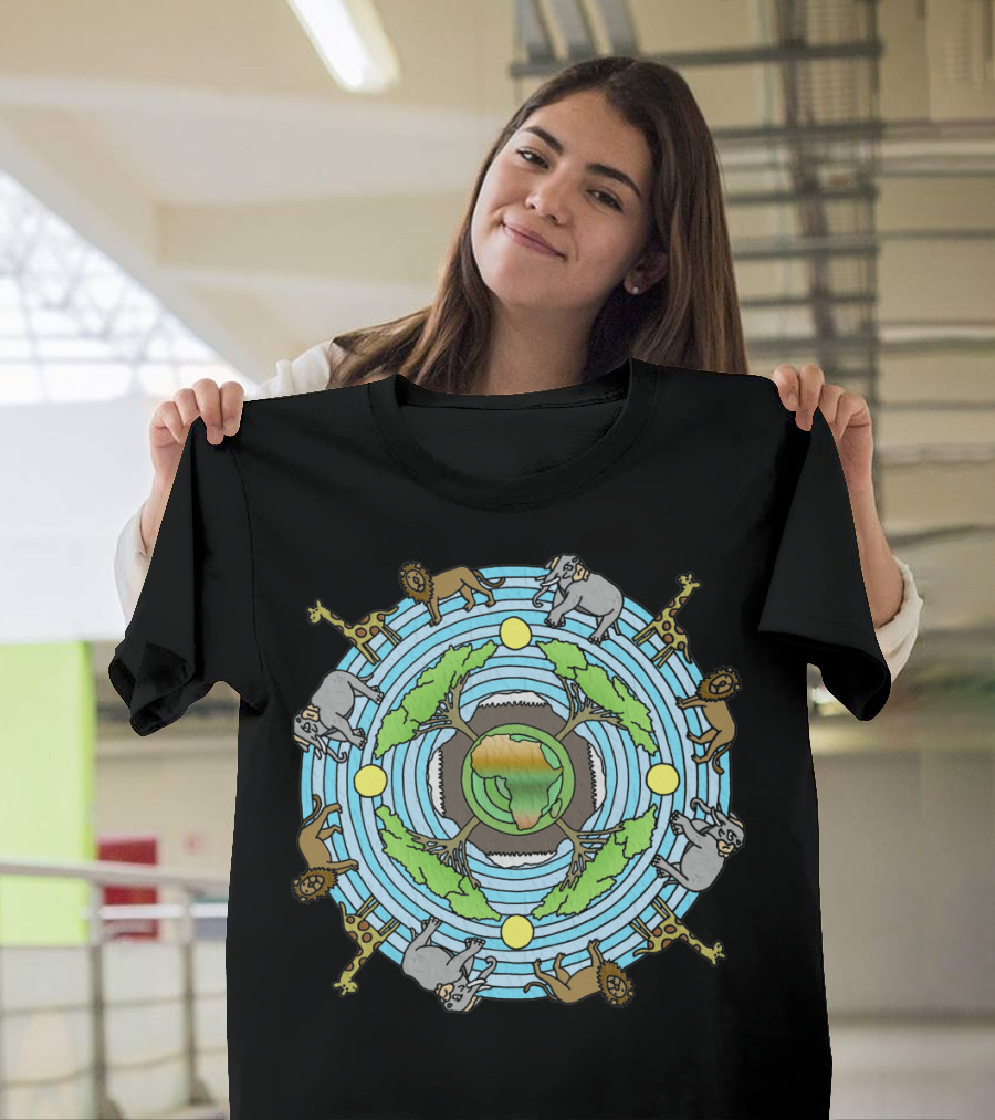 African Serengeti Mandala with Elephants Lions Giraffes and Acacia Trees T-Shirt