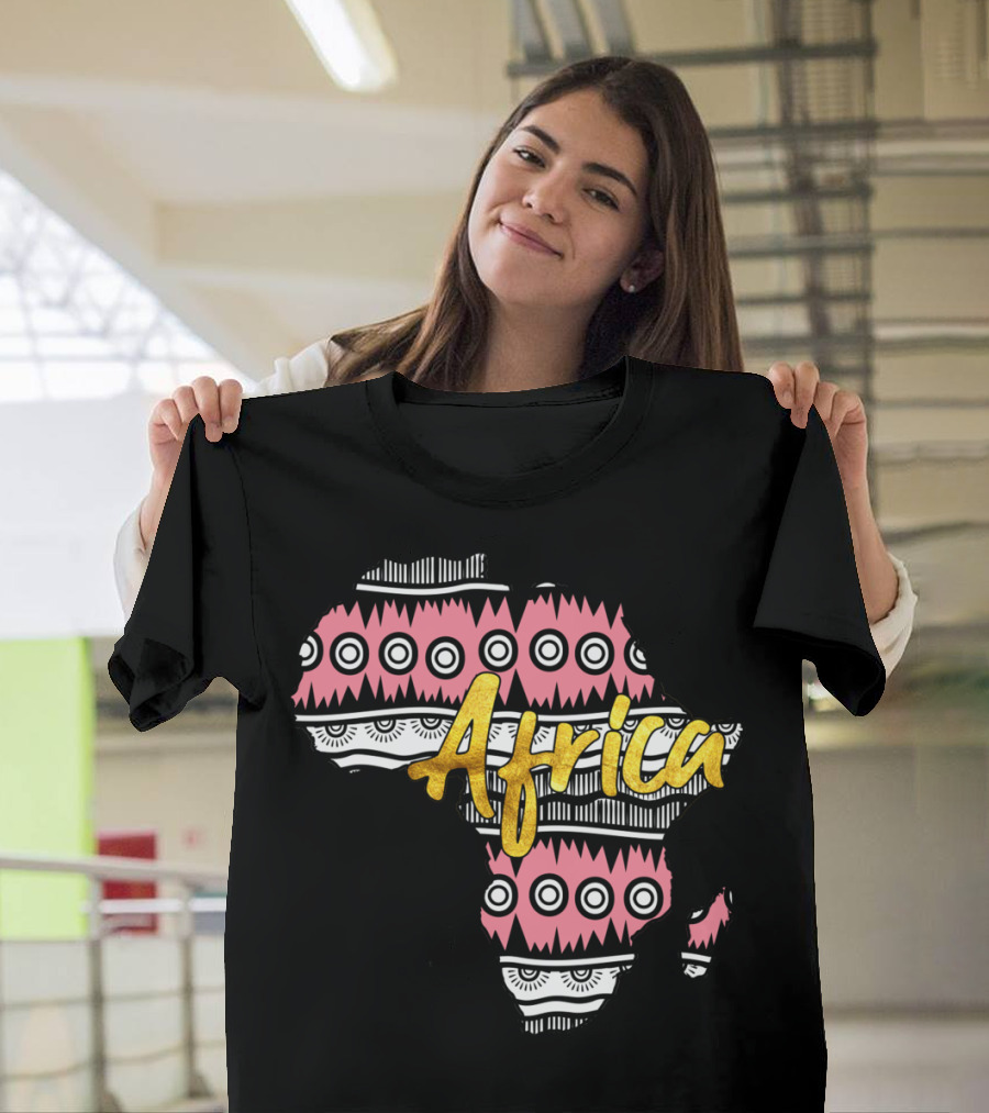Africa Ethnic Map Pattern with Bold Gold Text and Geometric Tribal Motifs T-Shirt
