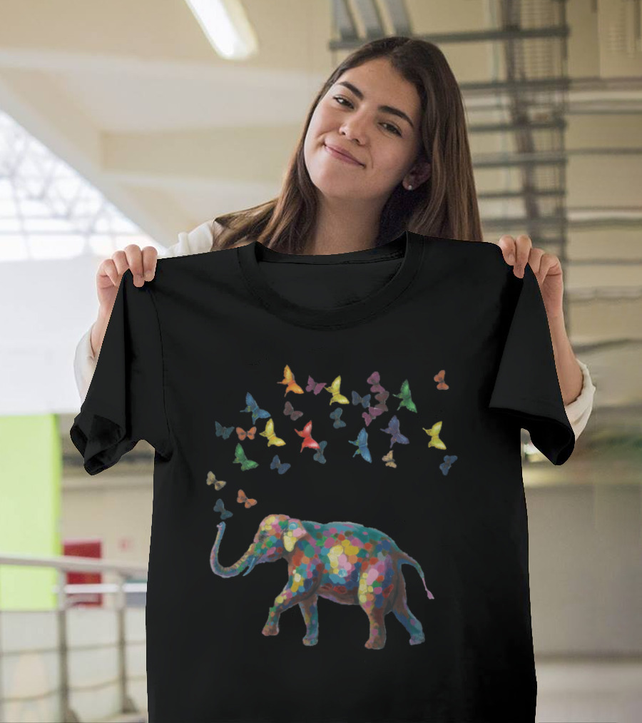 Colorful Mosaic Elephant with Multicolored Butterflies T-Shirt