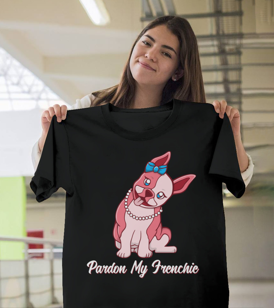 Chic French Bulldog Cartoon with Bow and Pearls - Pardon My Frenchie Phrase T-Shirt