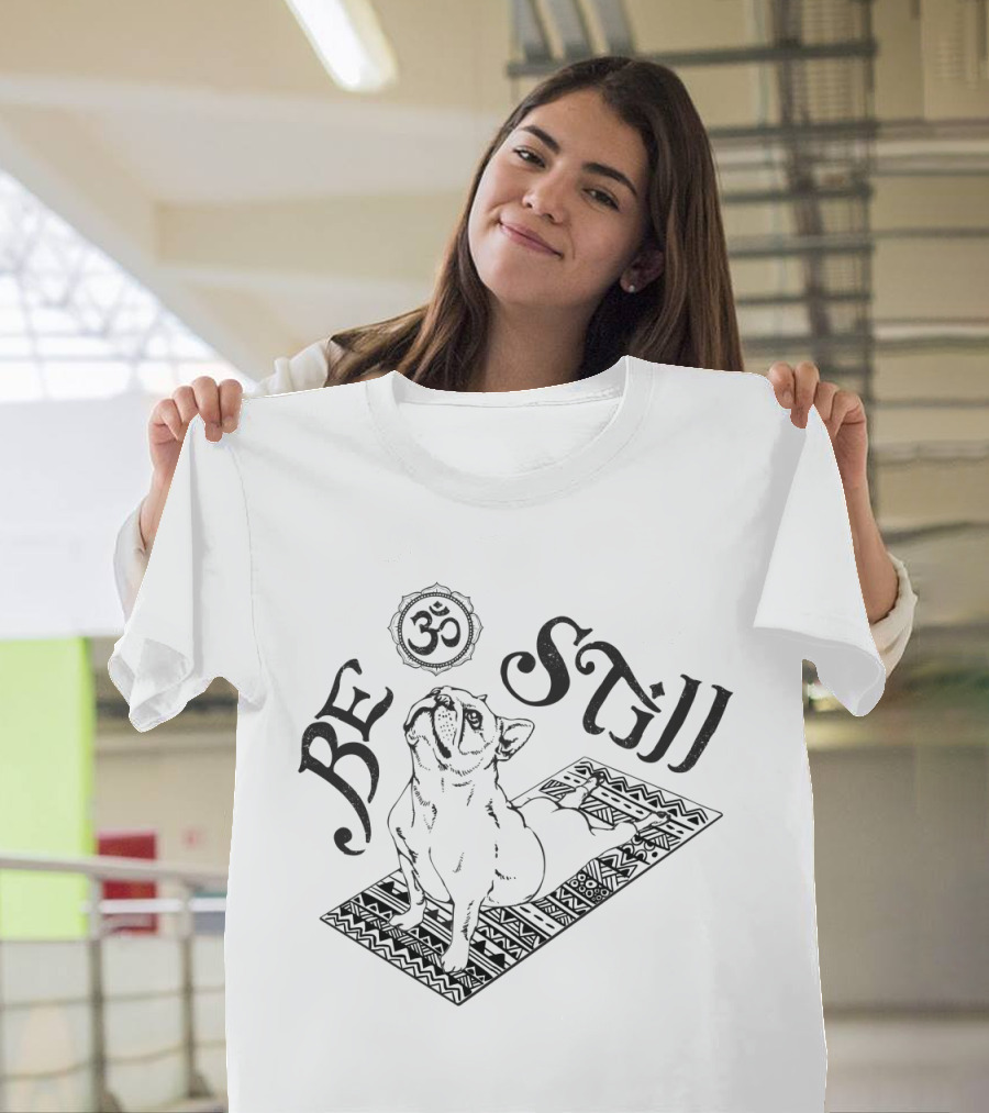 Be Still Frenchie Yoga Om Symbol with French Bulldog on Patterned Mat T-Shirt