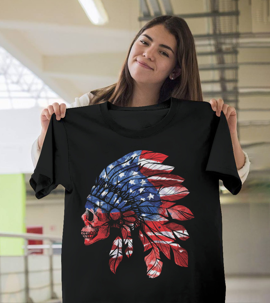 American Flag Skull with Patriotic Headdress T-Shirt