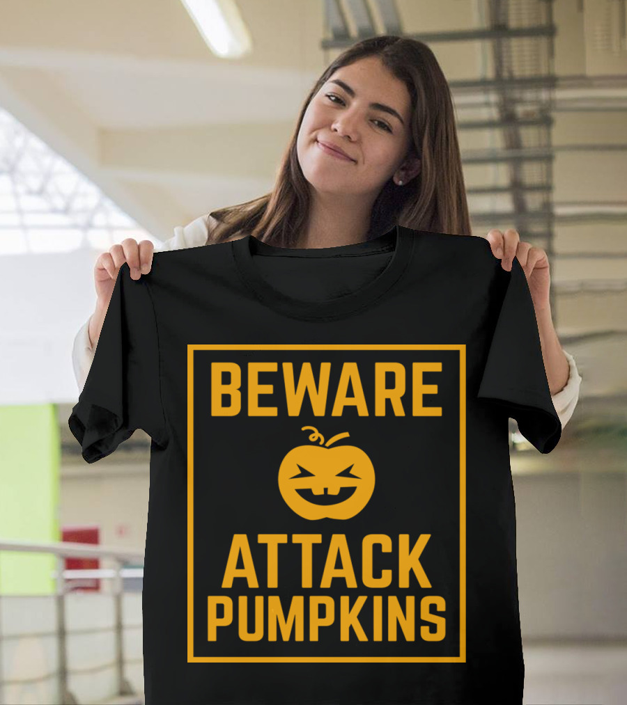 Beware of Jack-O'-Lantern Attack Pumpkins Warning T-Shirt