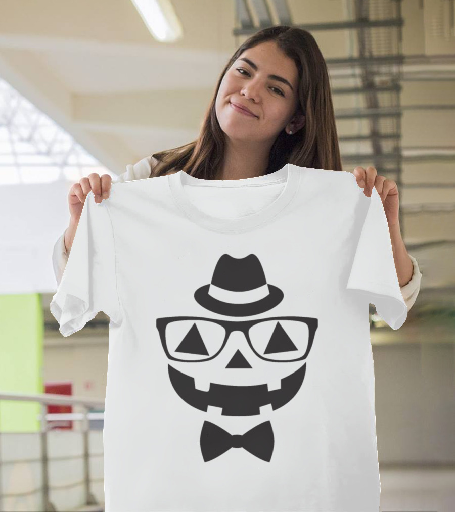 Hipster Pumpkin Face with Hat Glasses and Bowtie T-Shirt