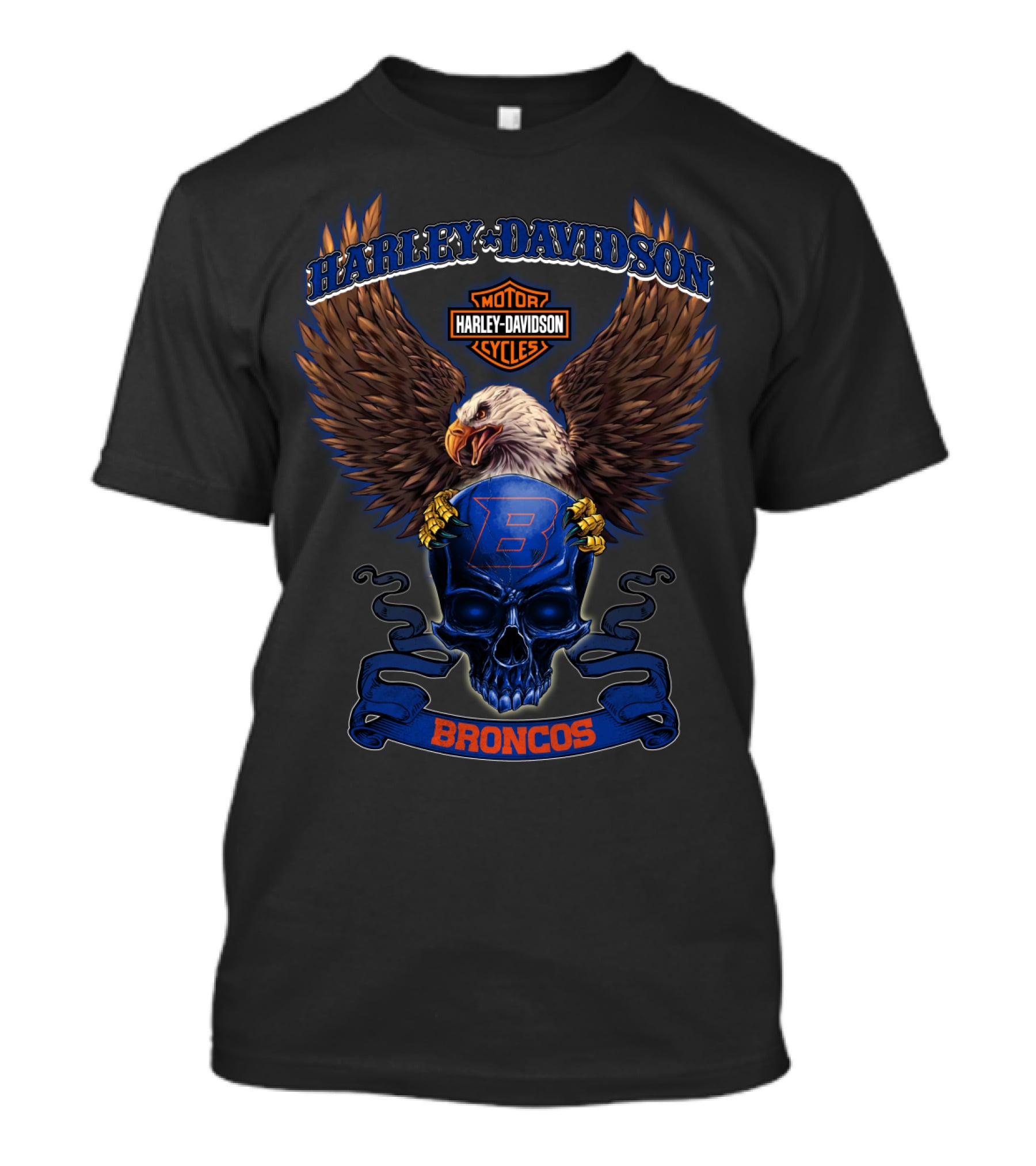 Harley Davidson Motor Cycles Eagle Skull Boise State Broncos T-Shirt
