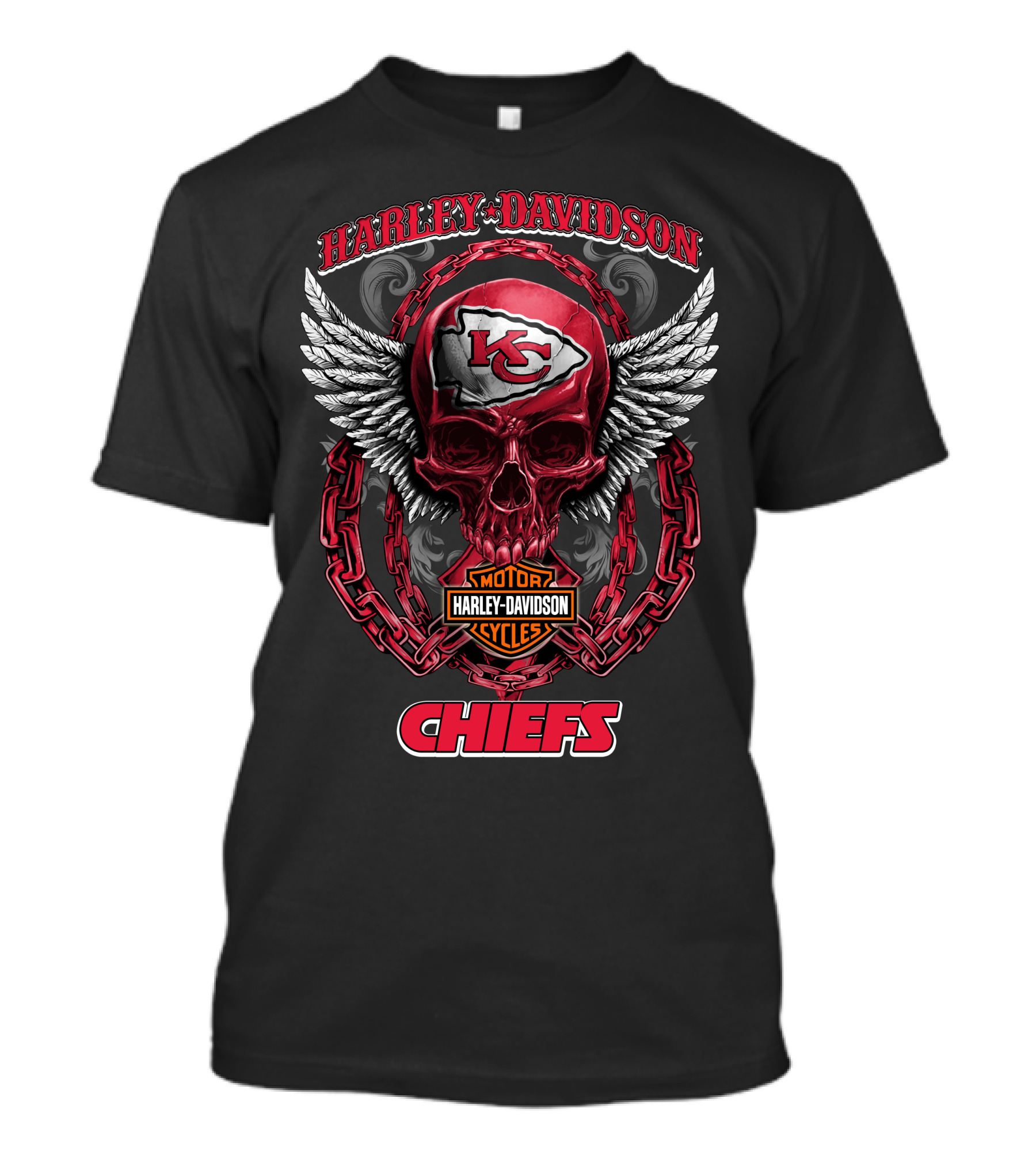 Harley Davidson Kansas City Chiefs Skull Wings Chain T-Shirt