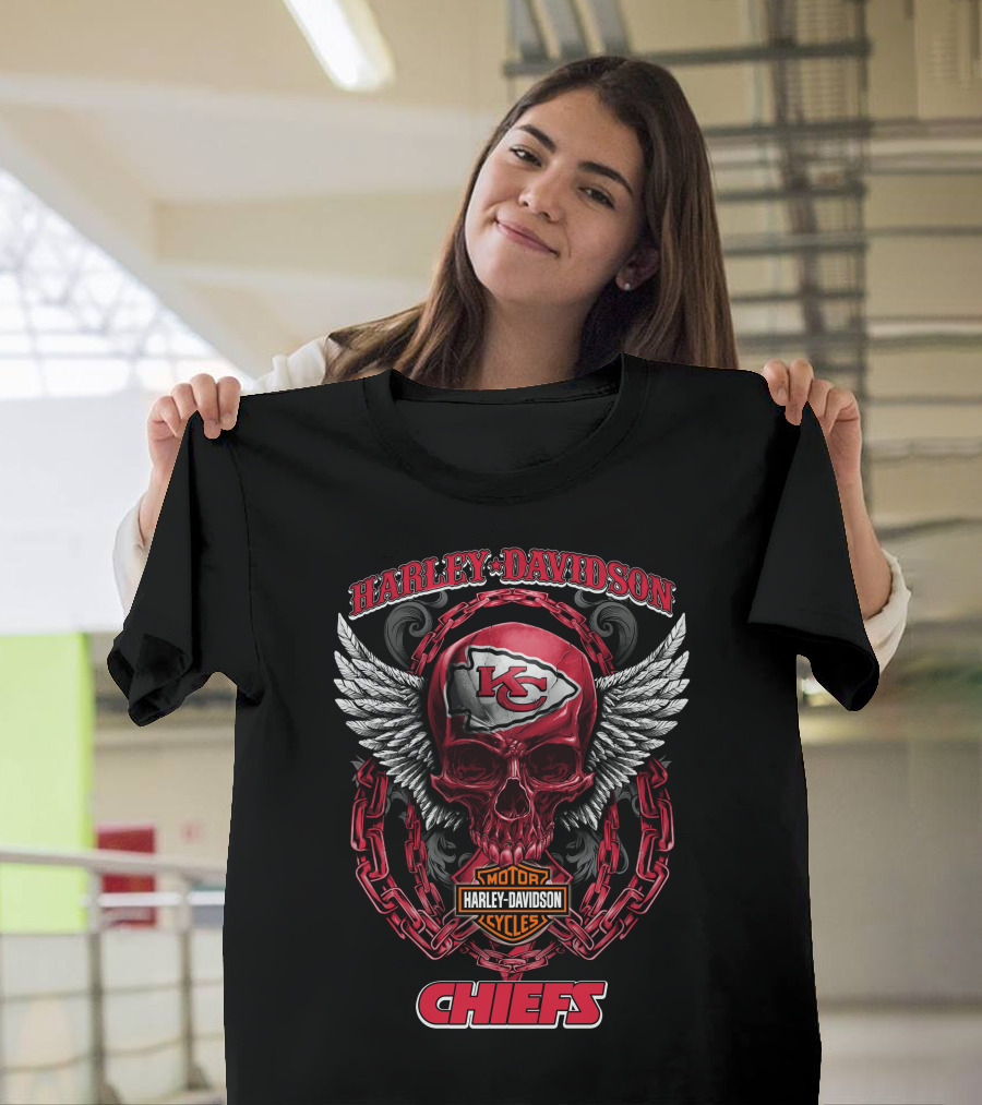 Harley Davidson Kansas City Chiefs Skull Wings Chain T-Shirt