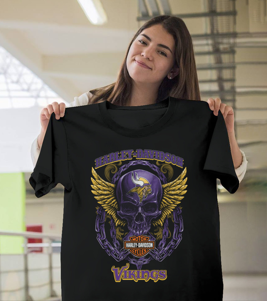 Harley Davidson Minnesota Vikings Skull With Wings And Chains T-Shirt