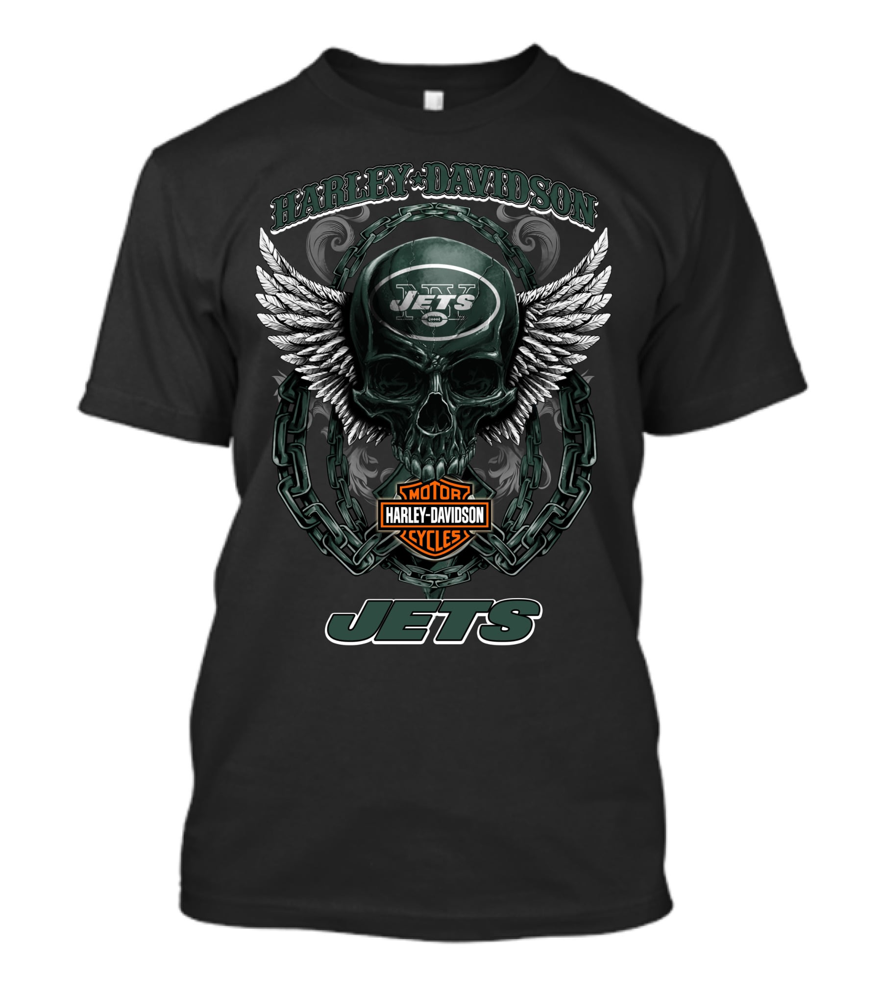 Harley Davidson New York Jets Winged Skull Motorcycle Cycles T-Shirt
