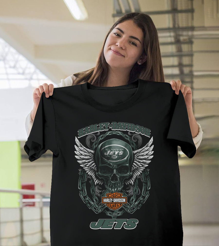 Harley Davidson New York Jets Winged Skull Motorcycle Cycles T-Shirt