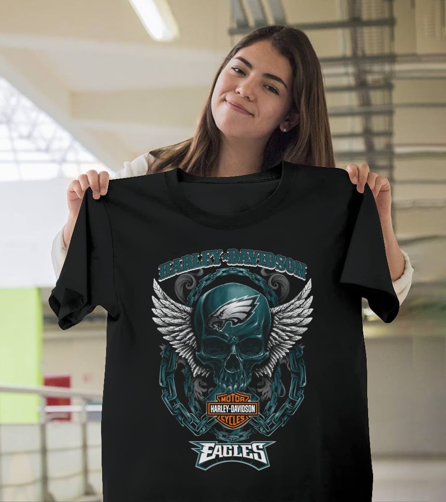Harley Davidson Philadelphia Eagles Motorcycles Winged Skull T-Shirt