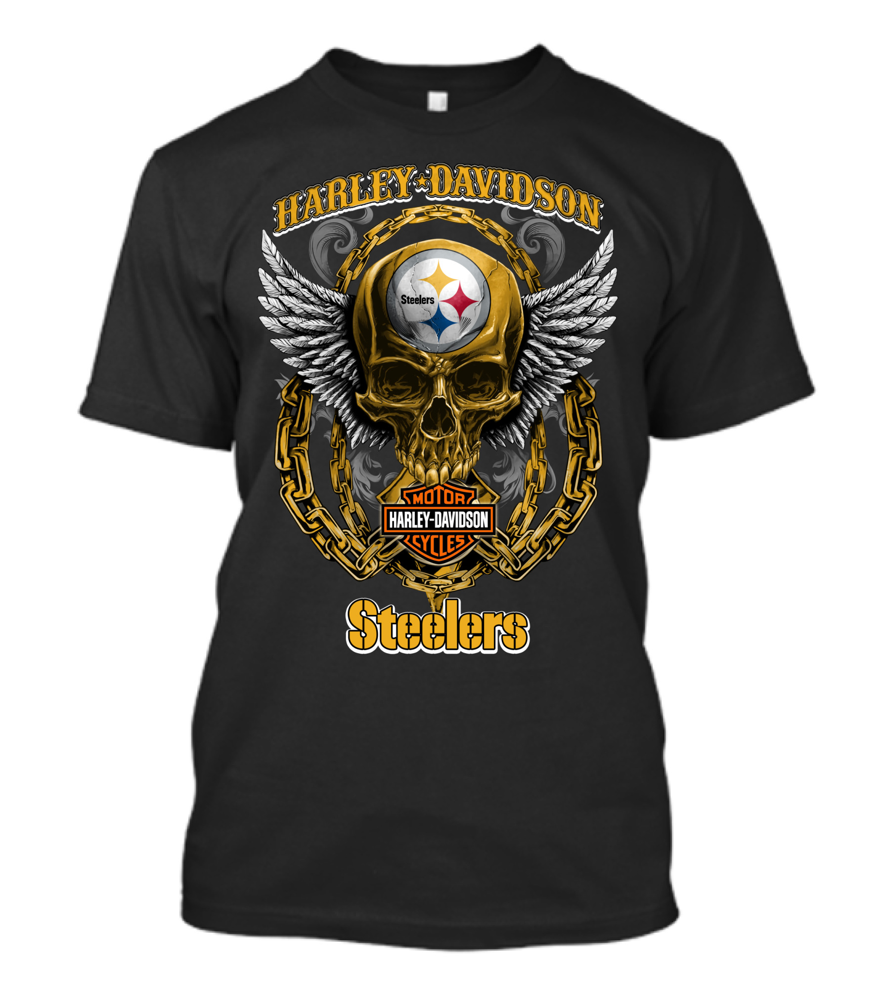 Harley Davidson Motor Cycles Steelers Skull Winged Chain T-Shirt